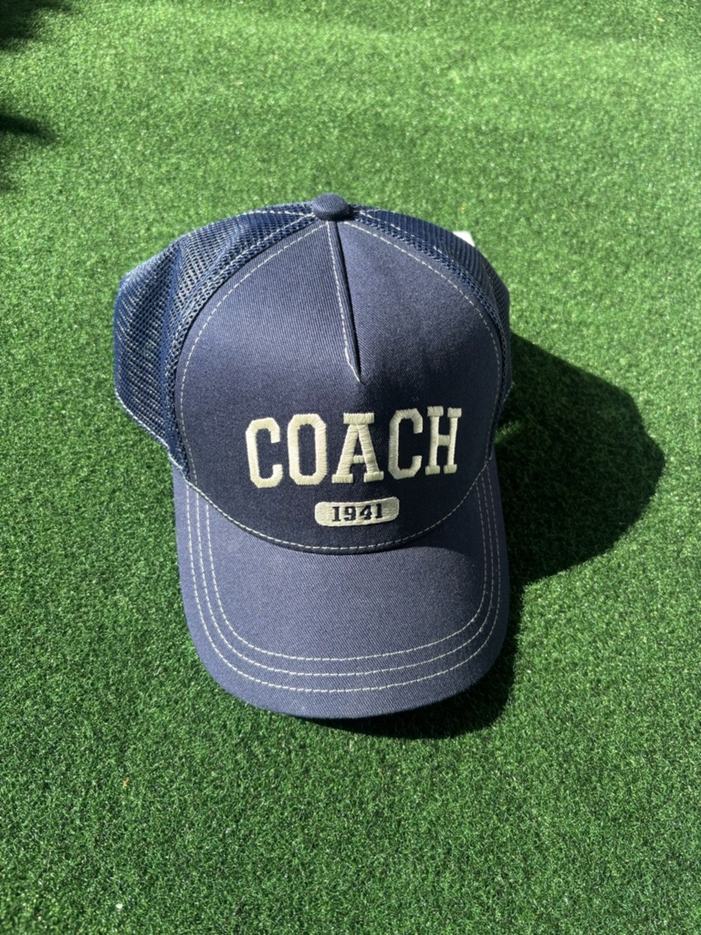 Coach Navy Embroidered Logo Mesh Trucker Hat